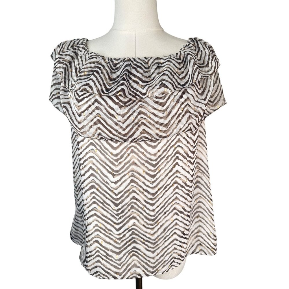 2/$30 White House Black Market Womens M Ruffle Blouse Top Chevron Print